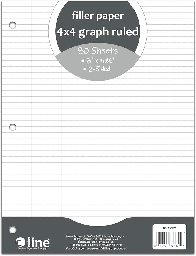 C-Line Filler Paper, Graph Ruled, 4 x 4, White, 80/PK