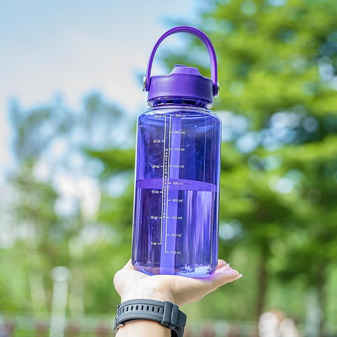 OLDLEY 32 oz Clear Water Bottle with Straw,Tritan BPA-Free, Wide Mouth, Leak Proof - for Gym, Travel, Home, School, Office (Deep Purple)