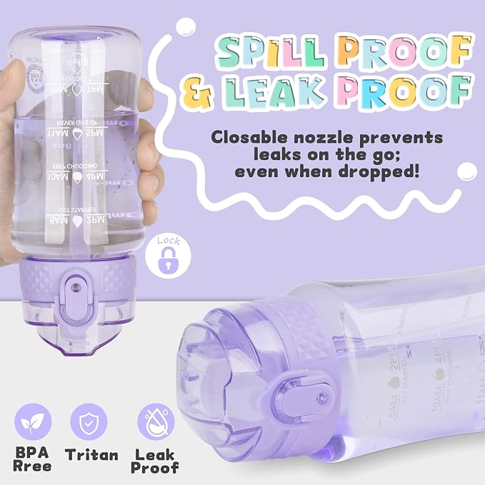 OLDLEY 12oz Kids Water Bottle, Tritan BPA-Free, Leakproof Flip Straw Lid, Motivational Time Marker, Carry Strap, Reusable Clear Water Bottle for Boys & Girls,Amethyst