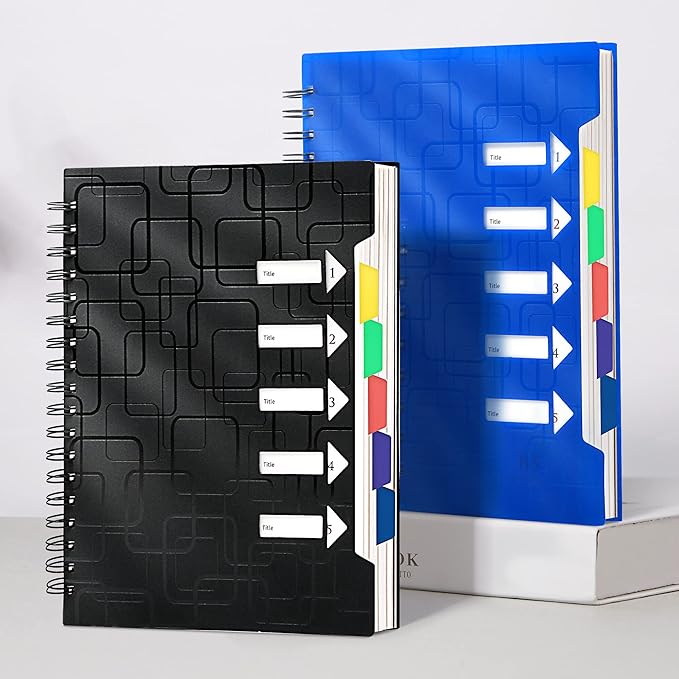 CAGIE 2 Pack Spiral Notebook for Work 5 Subject Notebook with Dividers Tabs A5 Spiral Bound Journal College Ruled 240 Pages for School Office Business Supplies Notebook Taking,5x7 (Black&Blue)