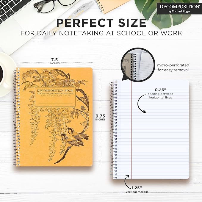 Decomposition Leafy Perch College Ruled Spiral Notebook - 9.75 x 7.5 Journal with 160 Lined Pages - 100% Recycled Paper - Cute Notebooks for School Supplies, Home & Office - Made in USA