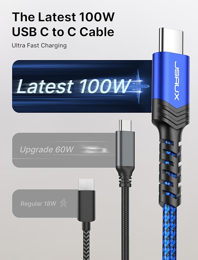 JSAUX 3-Pack USB C to USB C Cable 100W [6.6ft+6.6ft+6.6ft] Compatible with iPhone 17 Air 16 15 Pro Max Samsung Galaxy S25 S24 CarPlay iPad Pro, Type C to C Charger Cable Fast Charging - Blue