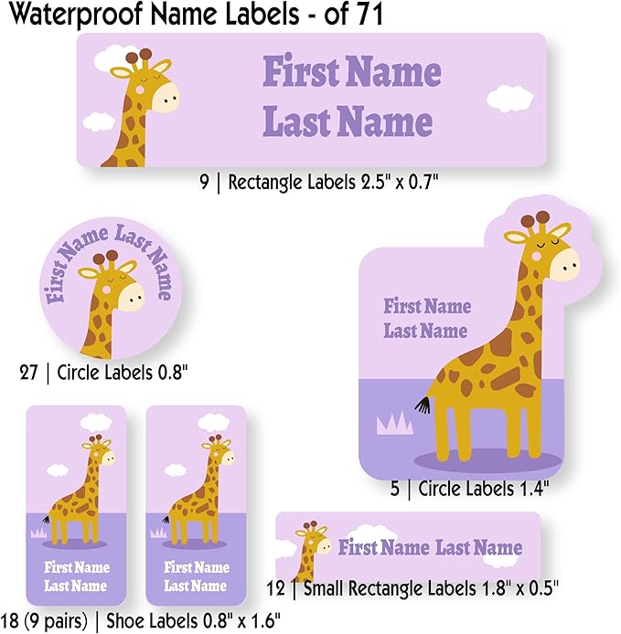 Personalized Kids Name Labels – Waterproof Custom Stickers for Daycare & School, Dishwasher & Laundry Safe (Giraffe - Purple)