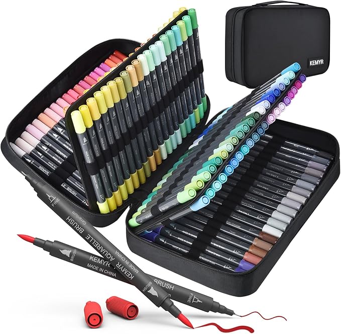 KEMYR Markers for Adult Coloring Books: 120 Color Dual Tip Fine & Brush Pens Water-Based Coloring Marker for Adults Drawing Sketching Bullet Journal Writing Lettering No bleeding