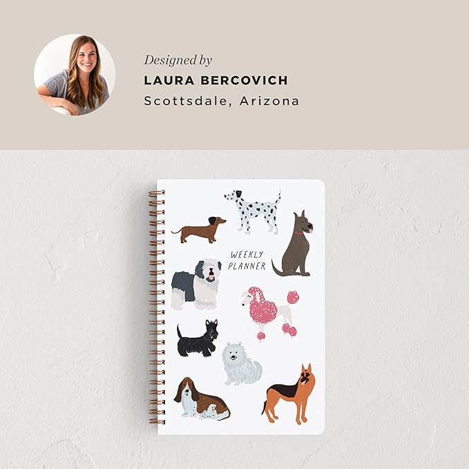 Minted Pooches Gracias 2026 Weekly & Monthly Undated Planner, 5.5" x 8.5" Dog Print Spiral Bound Planner Notebook, 132 Pages, Fun & Functional Undated Calendar Organizer
