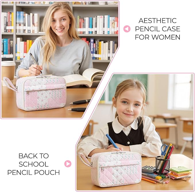WOBAGMEN Quilted Pencil Pouch for Girls Women, Large Pencil Case Pouch with Compartments Cute Aesthetic Pencil Case Organizer, Floral Pencil Bag for School Supplies (Pink Floral pin)