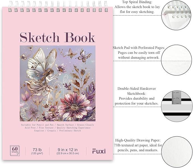Fuxi Coloring Books for Girls, 60 Sheets (73lb/120gsm) Blank Sketch Book + 50 Designs Blank Coloring Book, Stocking Stuffers for 8-12 Girls.