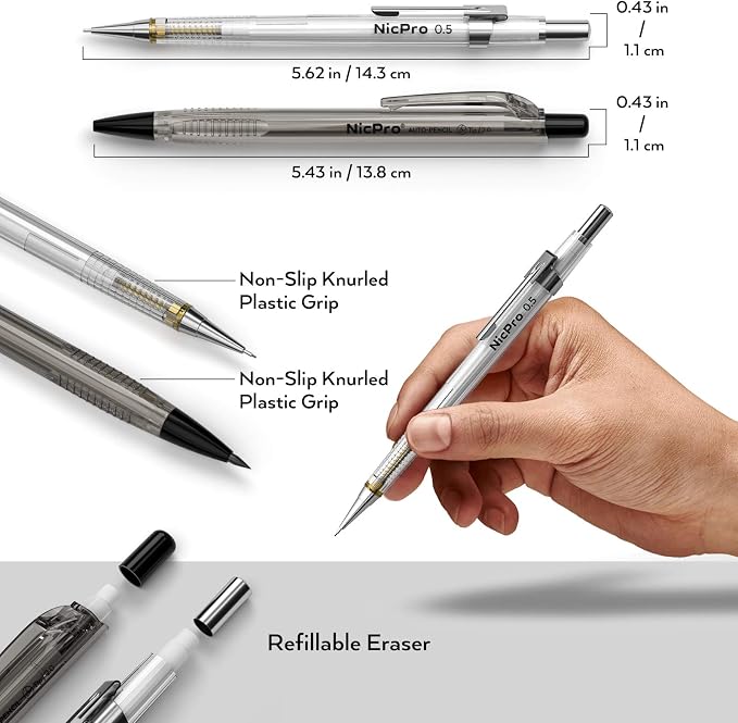 Nicpro 6PCS Art Mechanical Pencil Set, 4PCS Drafting Pencils 0.3 & 0.5 & 0.7 & 0.9 mm & 2PCS 2mm Lead Holder (4B 2B HB 2H) For Writing, Sketching Drawing With 12 Tube Lead Refills Erasers Case
