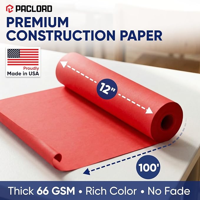 Red Construction Paper Roll 12" x 100 ft – Made in USA – 12" Bulletin Board Paper for Classroom & School, Teachers & Kids