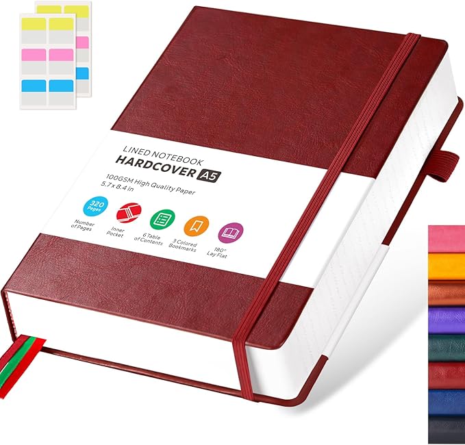 FOCUS DAY Lined Thick Journal Notebook for Writing Women Men, 320 Pages, Medium 5.7 inches x 8.4 inches, Hardcover Leather Notebook with 100 gsm Thick Paper, Burgundy