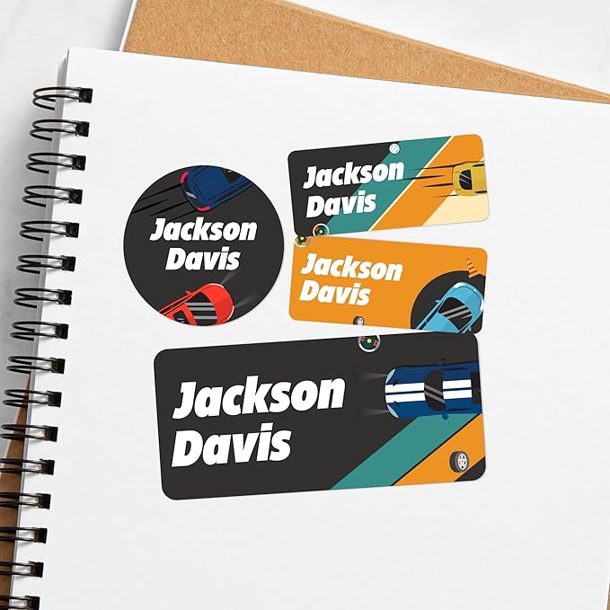 EGD Personalized Name Tag Stickers for Kids (130+ Pack) | Car Waterproof Labels for School Supplies, Bottles & Lunch Boxes | Custom Vinyl Name Labels for Clothing, Toys & More (E. Cars)