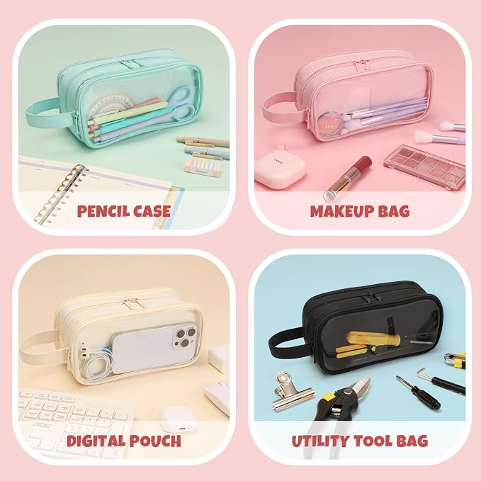 SUNEE Large Capacity Pencil Case with 3 Compartment, Extra Big Pencil Pouch, Pencil Bag with Clear Window, Pen Case School Supplies for Teens Adults Girls,Pink