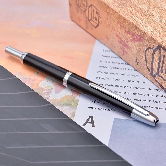 Jinhao 20 Press Fountain Pen, Piano Black Retractable Medium Nib with Ink Converter Set (Silver Clip)