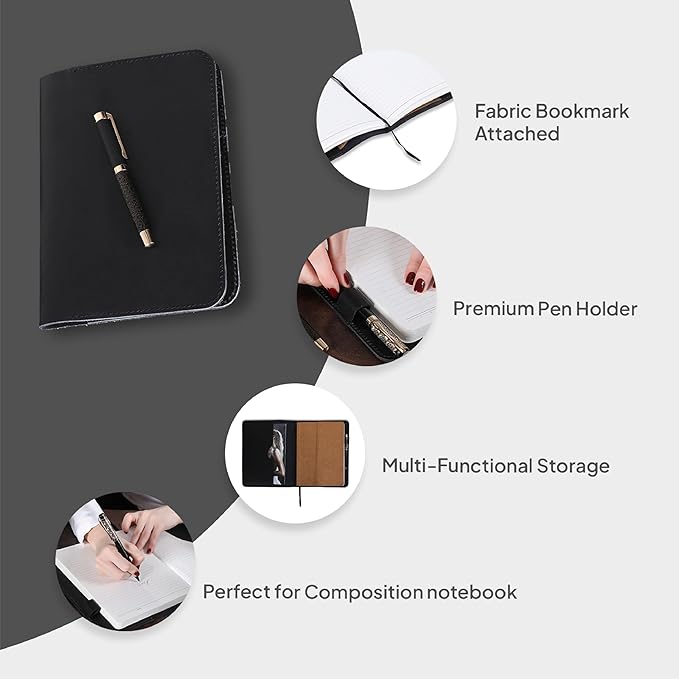 XL Leather Journal Cover 7.5 x 9.5 Inch – Refillable Genuine Leather Cover for Composition Notebook, Planner & Diary – Handmade Protective Travel Writing Case, Black