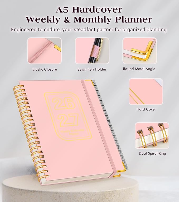 Planner 2026-2027, 18 Months Weekly and Monthly Hardcover Planner, January 2026 - June 2027, 5.75" x 8.38" A5 Daily Calendar Planner Book with Tabs, Spiral Yearly Agenda Organizer Notebook for School Work Home, Pink