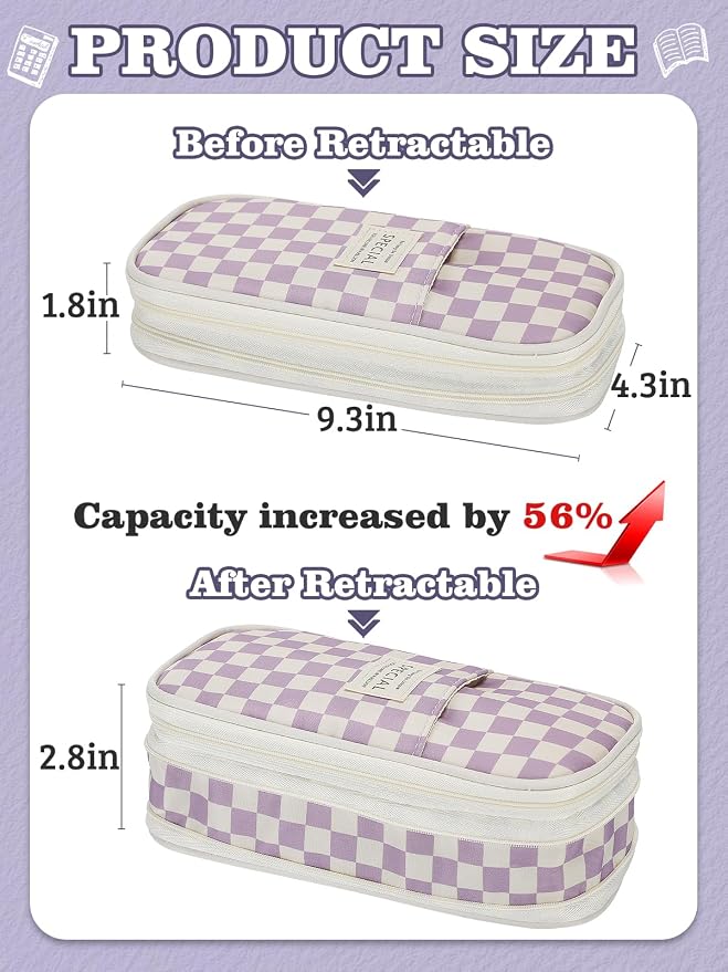 Bigmeta Gingham Expandable Pencil Case for Teens Girls - Purple | Zipper Gusset for Adjustable Capacity, Checkered Cute Pencil Pouch, Stationery Bag Box for Student Back to School Gifts