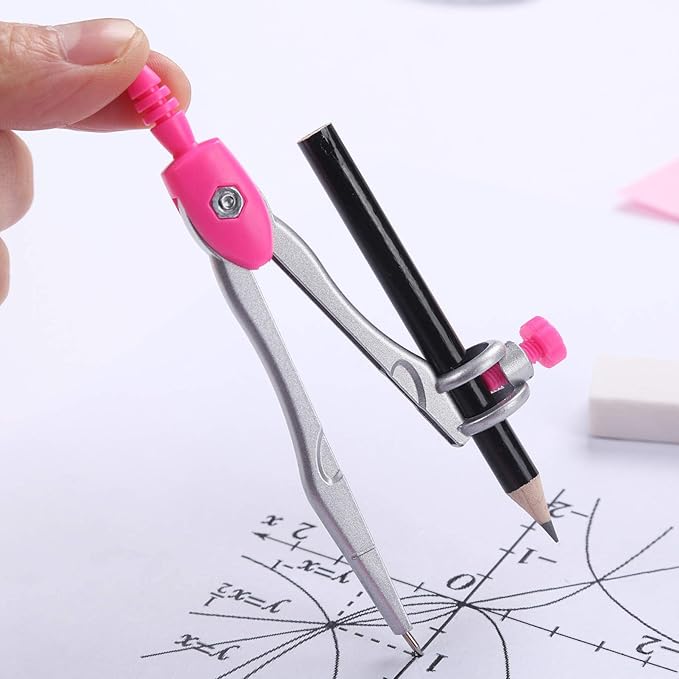Unjoo Math Geometry Kit Sets 10 Piece Student Supplies with Shatterproof Storage Box,Includes Rulers,Protractor,Compass,Eraser,Pencil Sharpener,Lead Refills,Pencil,for Drafting and Drawings（Pink）