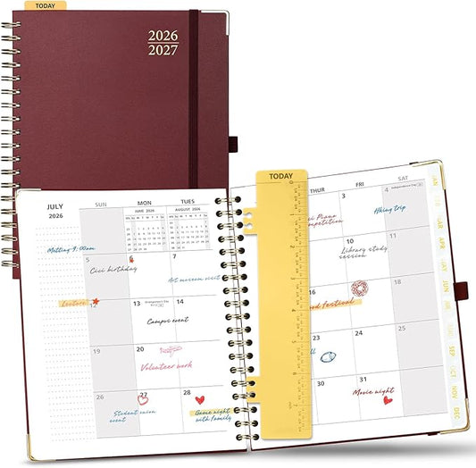 POPRUN 2026-2027 Monthly Planner, 18 Month Calendar (July 2026-Dec 2027), 7.5" x 9.5" B5 Spiral Hardcover Organizer with Dotted Note Pages, Professional Appointment Book for Business Office, Students & Teachers - Burgundy