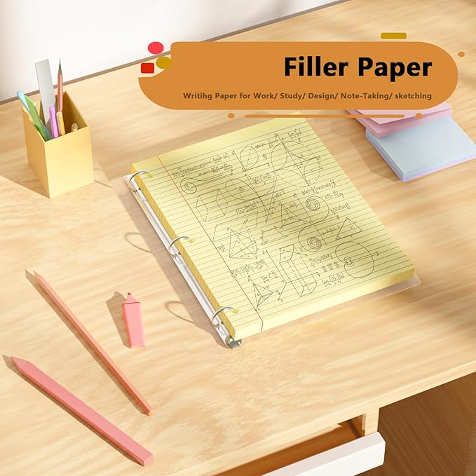 Yellow Loose Leaf Paper 100 Sheets Colored Filler Paper 8 * 10.5 College Ruled Paper 3-Hole Punched Paper for 3-Ring Binders Notebook Lined 8" x 10.5"