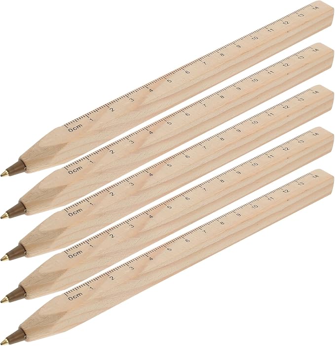 SEWACC 12pcs Black Ballpoint Wooden Pens Biodegradable Wood Ballpoint Pens with Printed Scale Ruler for Construction and Office Use