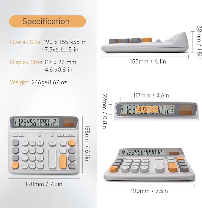VEWINGL Desktop Calculator with Extra Large LCD Display, 12-Digit Dual Power Solar & Battery Calculator, Big Button Office Calculator for Accounting, Home, School & Business Use (Gray)