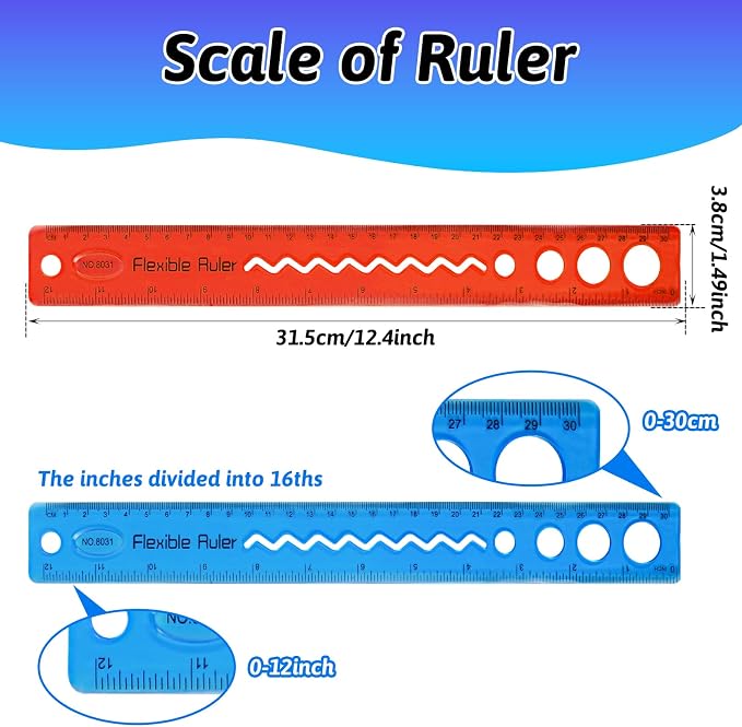 Grevosea 2 Pcs Flexible Rulers, 12 Inch Plastic Ruler with Centimeters and Inches Bendable Soft Rulers for Kids & Adults School Home Office Supplies (red+Blue)