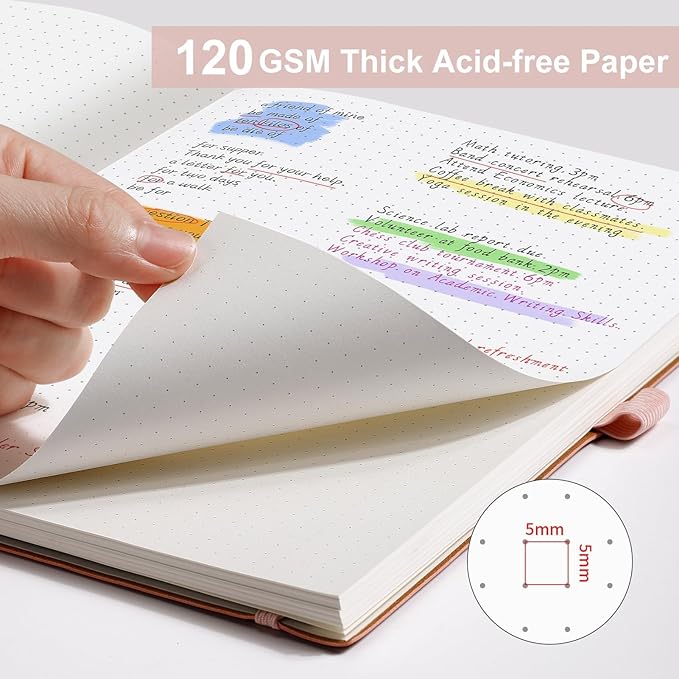 AHGXG Dotted Journal - Dot Grid Notebook Journal, 120 GSM Thick Acid-Free Paper, Large B5 Dotted Notebook 96 Pages, Leather Softcover, Inner Pocket, Journal Stencil, 7.6'' X 10'', Rose Gold