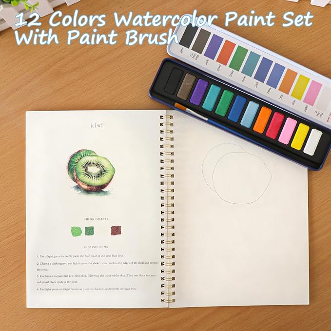 Watercolor Workbook for Adults - 12 Different Patterns of Original DIY Designs, olors Watercolor Paint Set with Palette and Brush, Beginner-Friendly Watercolor Workbooks (Fruit)
