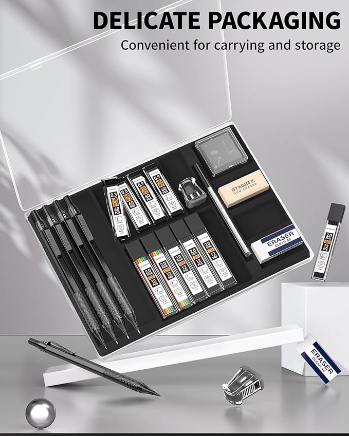 STAGEEK 21PCS Metal Mechanical Pencil Set, Art Lead Pencil 0.3, 0.5, 0.7, 0.9, 2mm Holder(HB 2H 2B 4B Color) with 10 Tubes Graphite Lead Refills Eraser with Case for Drafting Drawing Sketching