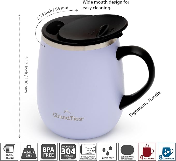 GRANDTIES Insulated Coffee Mug with Handle - Sliding Lid for Splash-Proof 16oz Wine-Glass Shape Thermal Tumbler with Double Walled Vacuum Stainless Steel to Keeps Beverages Hot or Cold-Sanctuary