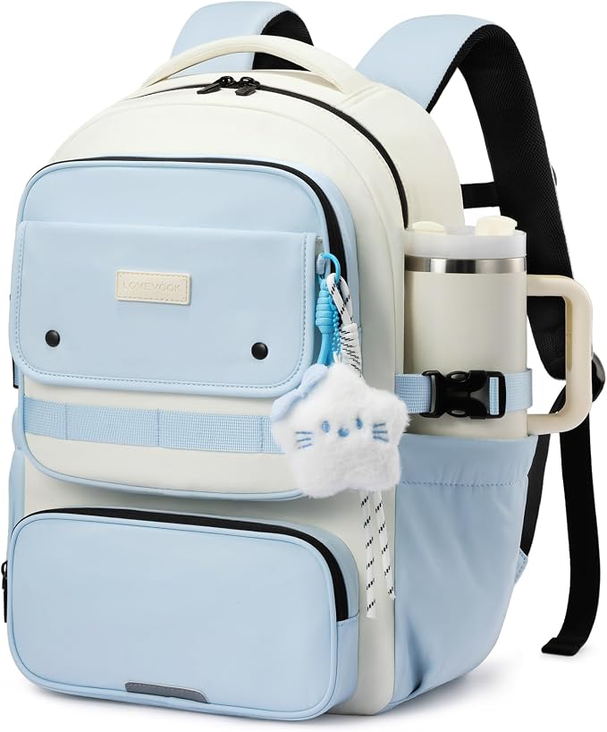 LOVEVOOK School Backpack for Teen Girl, Cute Bookbag with Large Bottle Holder, Lightweight Elementary Middle High School Student Backpack Fits 15.6 Inch Laptop, Back to Schools Kid Gift, Blue-Cream