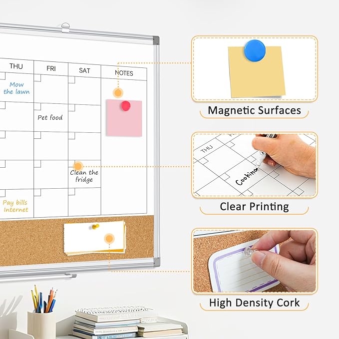 Dry Erase Calendar Whiteboard for Wall, 30"x20" Magnetic Monthly White Board Cork Board Combo, Double Sided, Aluminum Frame, Wall Hanging Wipe Board for Home, Office, School, Dorm