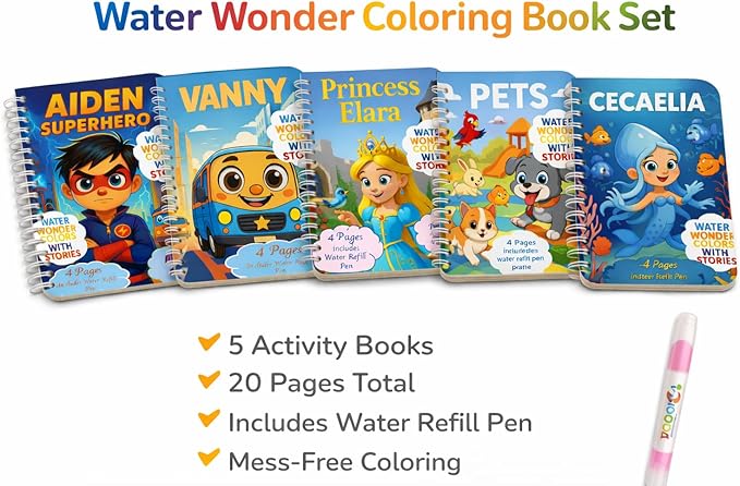 FIESTA CART Water Coloring Books for Toddlers Ages 2-5 – 5 Pack Reusable Mess Free Water Painting Books for Kids, Travel Activities for Toddlers, Montessori Learning Toys for Boys & Girls