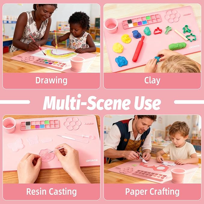 Silicone Painting Mat for Table Protection, 23.6 x 15.8in Drawing Mat with Nylon Brushes for Children, Art Mats with Cleaning Cup, Paint Palette, Clay Craft Mats for DIY (Pink)