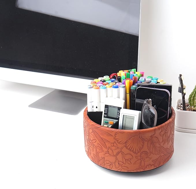 Remote Control Holder, 360°Spinning PU Leather Desk TV Remote Caddy,Desk Storage Box Room Accessories for Controller, Media,Mail,Calculator, Mobile Phone,Pencil(1-Carved Brown)