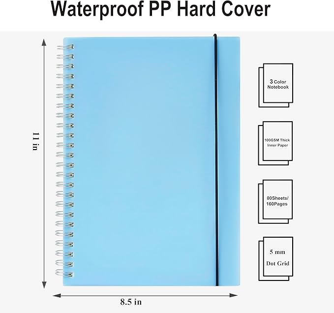 3 Pack Spiral Notebook, Large Dotted Notebook 8.5" x 11", 100GSM 5x5mm Dot Grid, 80 Sheets/160 Pages, Dotted Spiral Notebooks Journals for Writing, Sketch Book…