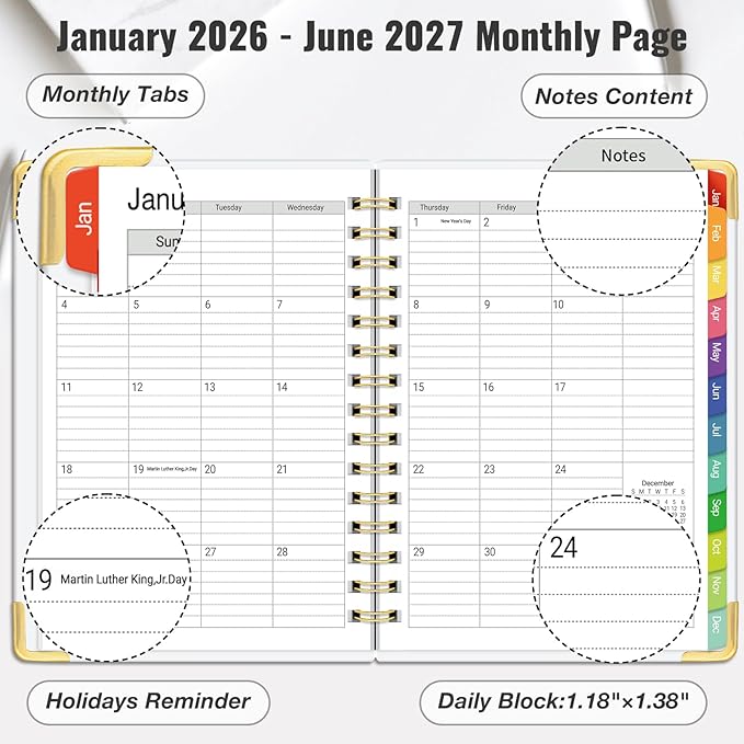Daily Planner 2026-2027, 18 Month Planner with Tabs, January 2026 - June 2027 Weekly and Monthly Academic Year Calendar Spiral Time Management, 100GSM Thick Paper, Twin-Wire Binding, A5 Size, Multicolor