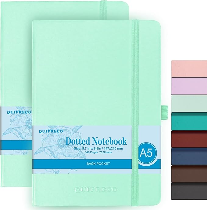 2Pack Bullet Dotted Journal Hardcover Notebook, A5 140 Pages 120Gsm Thick Paper for School,Note Taking,Work,Diary，5.7''*8.3'',Light Green