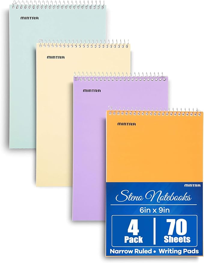 Mintra Office Steno Book - (Pastel Colors, 4 Pads/Pack, Narrow Ruled) - 6inx9in, 70 Sheets, Notebook for writing notes in school, university, college, work, office