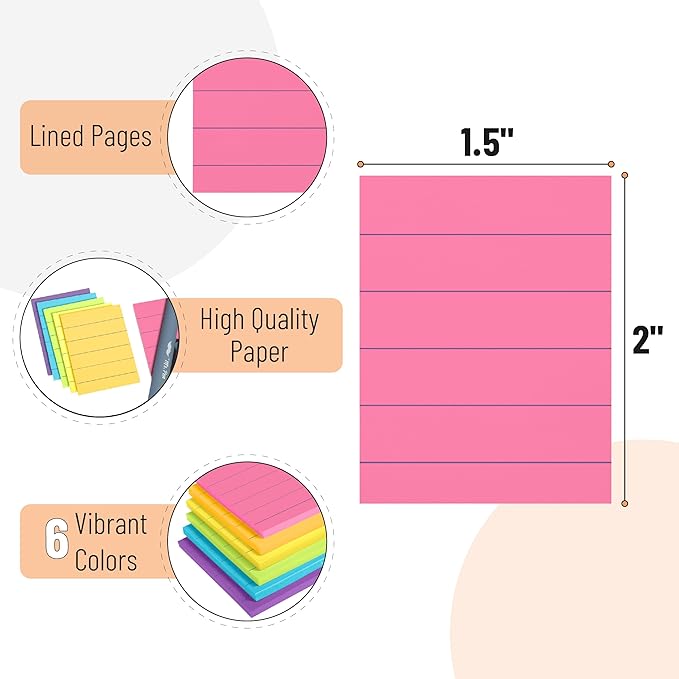 Mr. Pen- Small Lined Sticky Notes, 1.5" x 2", 6 Pads, 60 Sheets/Pad, Vibrant Color, Small Sticky Notes with Lines, Ruled Post Stickies, Memo Pads, Self-Stick Note Pad for Office, School, Home, Study