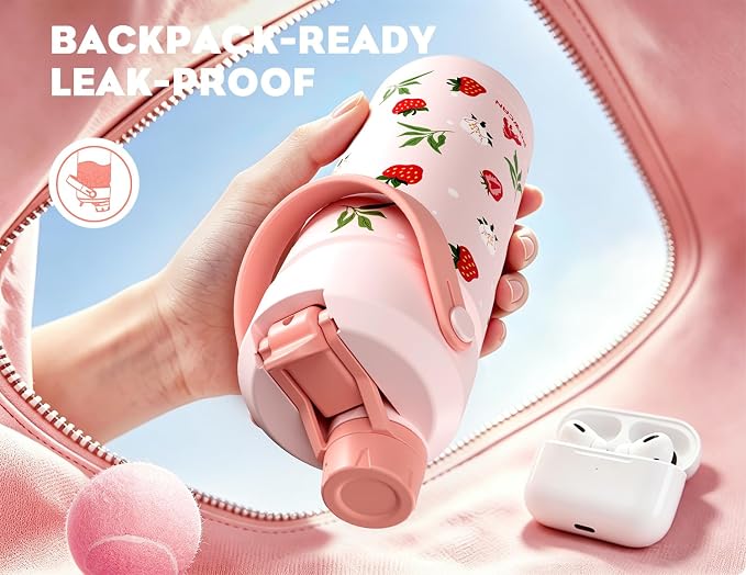 18 oz Kids Water Bottle: UV-Activated, Leakproof, 2-in-1 Straw Spout Lid, BPA-Free, Easy Carry, Keep Cold 24H, Insulated Stainless Steel Cup for Sports, Camping, Gift, Home (Sun-Kissed Strawberry)