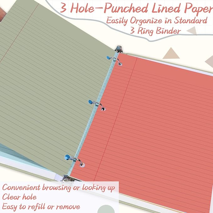 gisgfim 100 Sheets Loose Leaf Binder Paper, 8" x 10.5" Colored College Ruled Paper, 3 Hole Punched Lined Refill Inserts Thicken for 3-Ring Binders Notebooks Planner Writing School Office (Vintage)