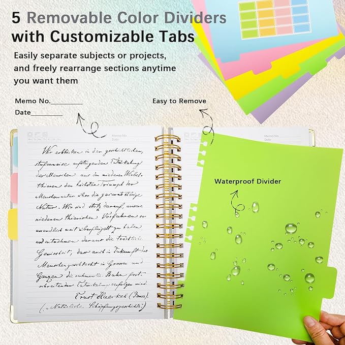 Hardcover Spiral Notebook with Removable Dividers & Tabs, 8"x10" 5 Subject Notebooks for Work, 300 Pages College Ruled Notebook, B5 Sparkle Lined Journal for Women Girls Note-Taking (Silver)