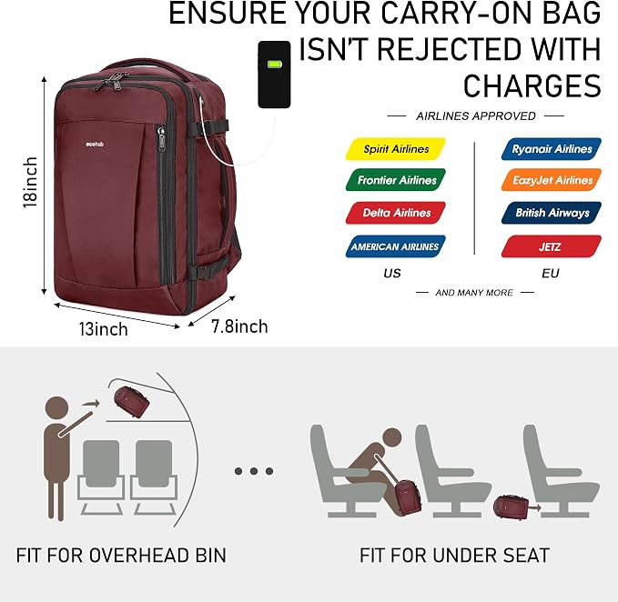 ECOHUB Travel Backpack 18x14x8 Frontier Airlines Personal Item Bag Red | Carry On Backpack with 13 Pockets, Casual Daypack for Men Women Airline Approved Water Resistant Back pack with Charging Port