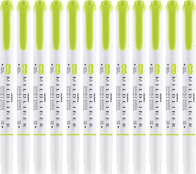 Zebra Pen Mildliner Dual-Tip Highlighters, Broad and Fine Tips, Ideal for Bible Highlighting, No Bleed, School Supplies, Teacher Supplies and Office Supplies, Mild Citrus Green Ink, 12-Pack (78450upc)