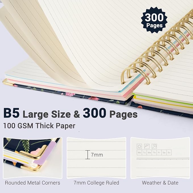 Hardcover Spiral Journal Notebook, 300 Pages 5 Subject Notebook College Ruled with Removable Dividers Tabs, 8" x 10" Notebooks for Work, Spiral Ruled Lined Writing Journal Hardcover Leather Notebook for School (Navy Blue Floral, 8''x 10'')