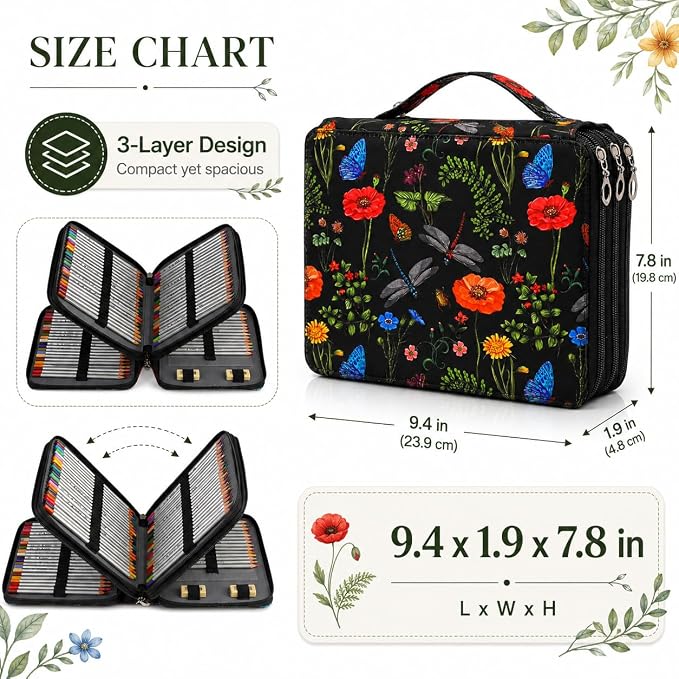 200 Slots Colored Pencil Case Organizer, 4 Layer Bag | Twill Oxford fabric,203 elastic loops,detachable handle,for travel, home storage,drawing tools,creative gifts