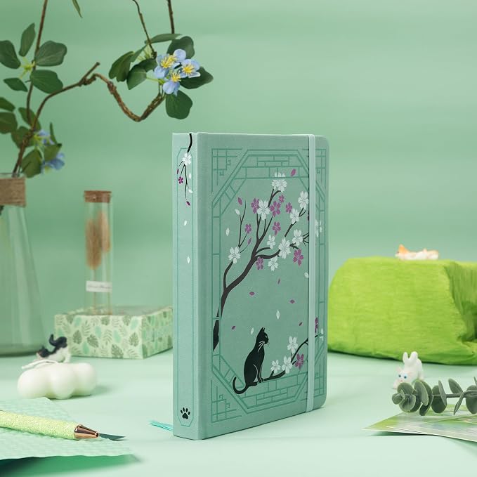 TIEFOSSI A5 Dotted Journal, Cute Cat Journal for Women Girls, Dot Notebook with Pretty Sakura Pattern, Aesthetic Diary for Writing Journaling Drawing, Golden Edges