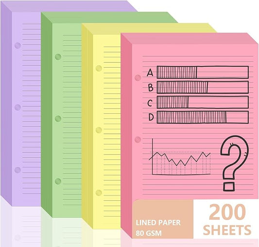 200 sheet Half Letter Lined Paper 3 Hole Punch 5-1/2 x 8-1/2 College Ruled Loose Leaf Notebook Paper Lined Refills Paper Colored Wide Ruled Paper Mini Binder Paper Fits 3 Ring Binders For Office