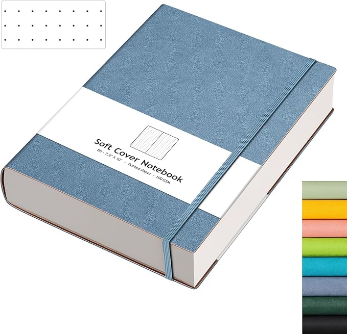 AHGXG Dotted Journal - 320 Pages Dot Grid Notebook B5 Large Journal, 100gsm Thick Dotted Paper, Leather Softcover, with Journal Stencils, Inner Pocket, 7.6'' X 10'', Gray Blue